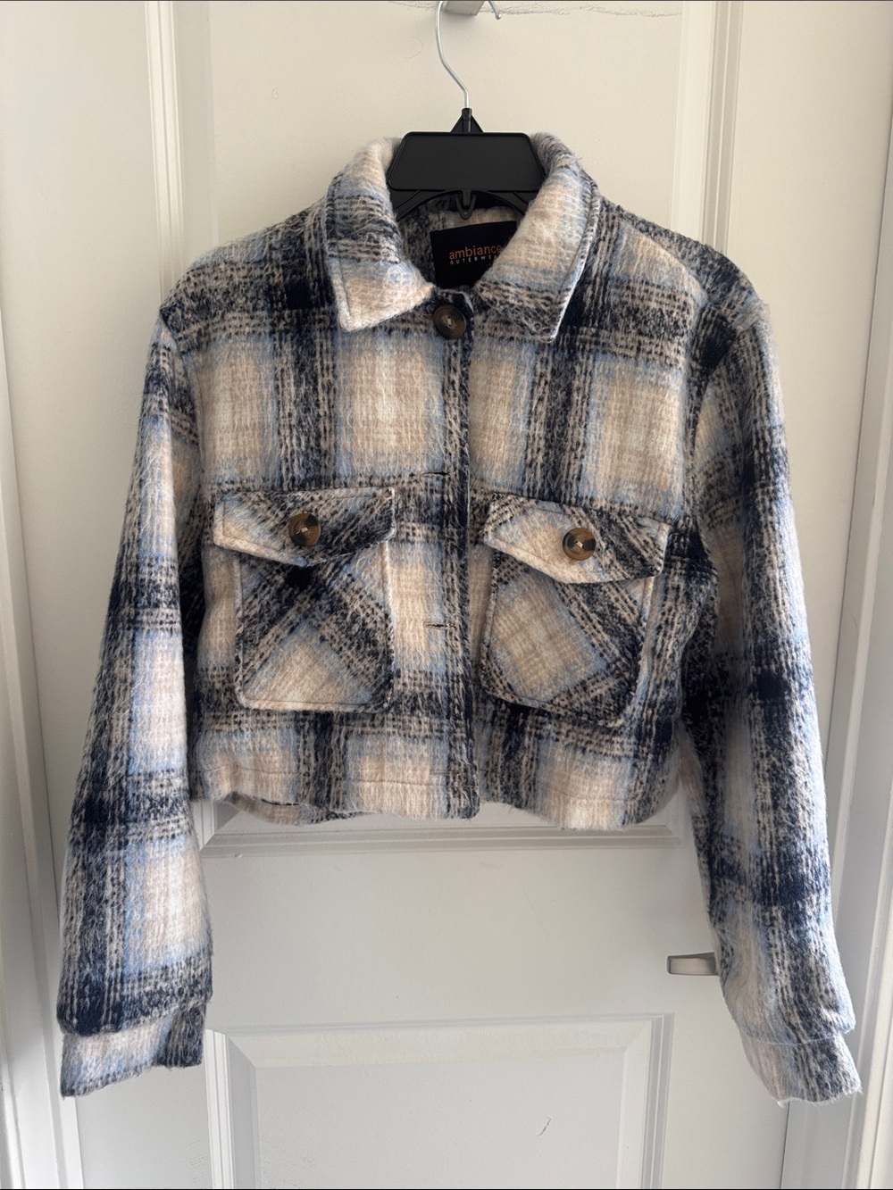 Ambiance Plaid Cropped Shacket Jacket - Beige & Navy